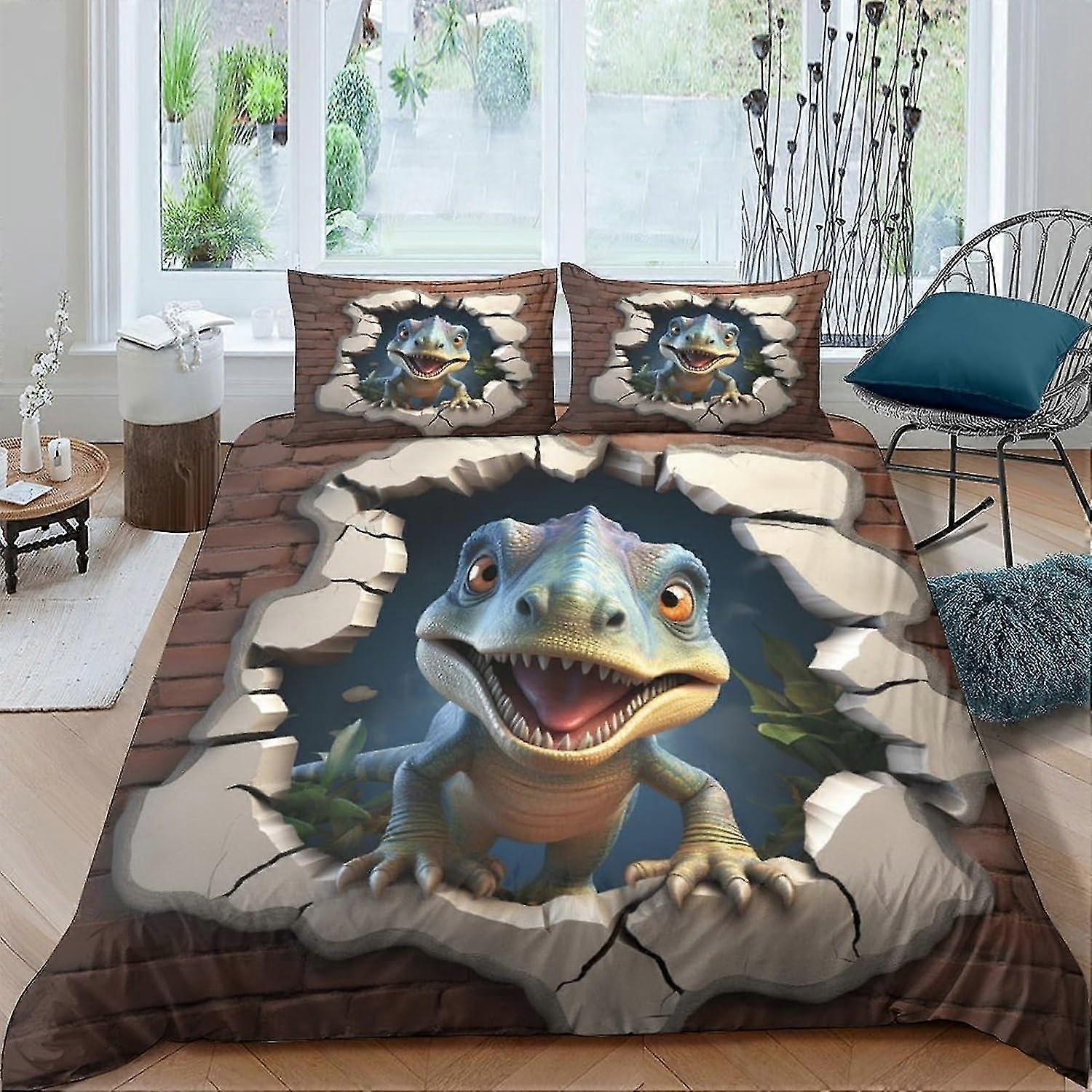 Conjunto de capa de edredão impresso de dinossauro fofo Roupa de cama de microfibra macia para crianças e adolescentes 3 peças com fecho de zíper