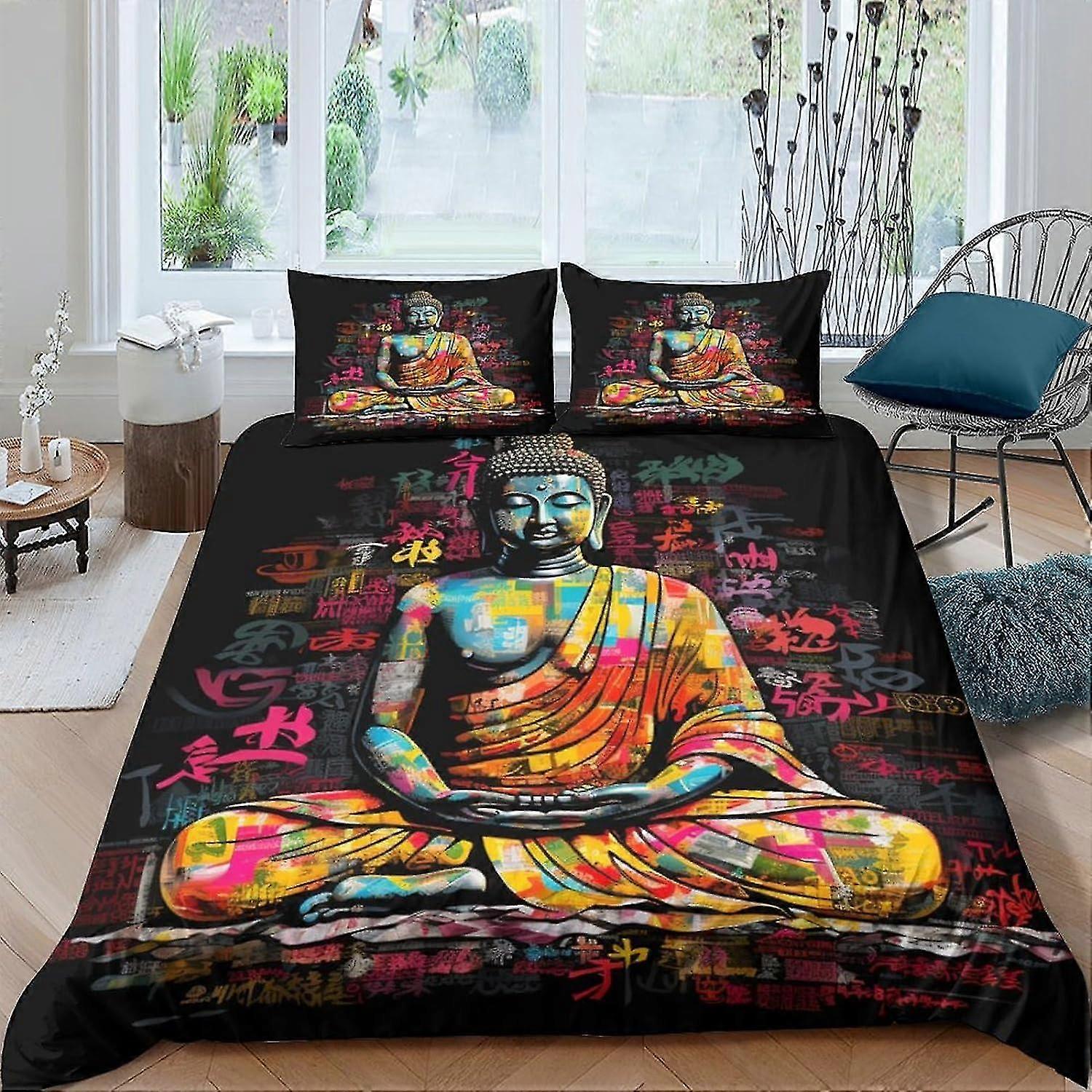 Conjunto de capa de edredom estampada com estátua de Buda Roupa de cama de microfibra macia para adultos adolescentes crianças 3 peças com fecho de zíper