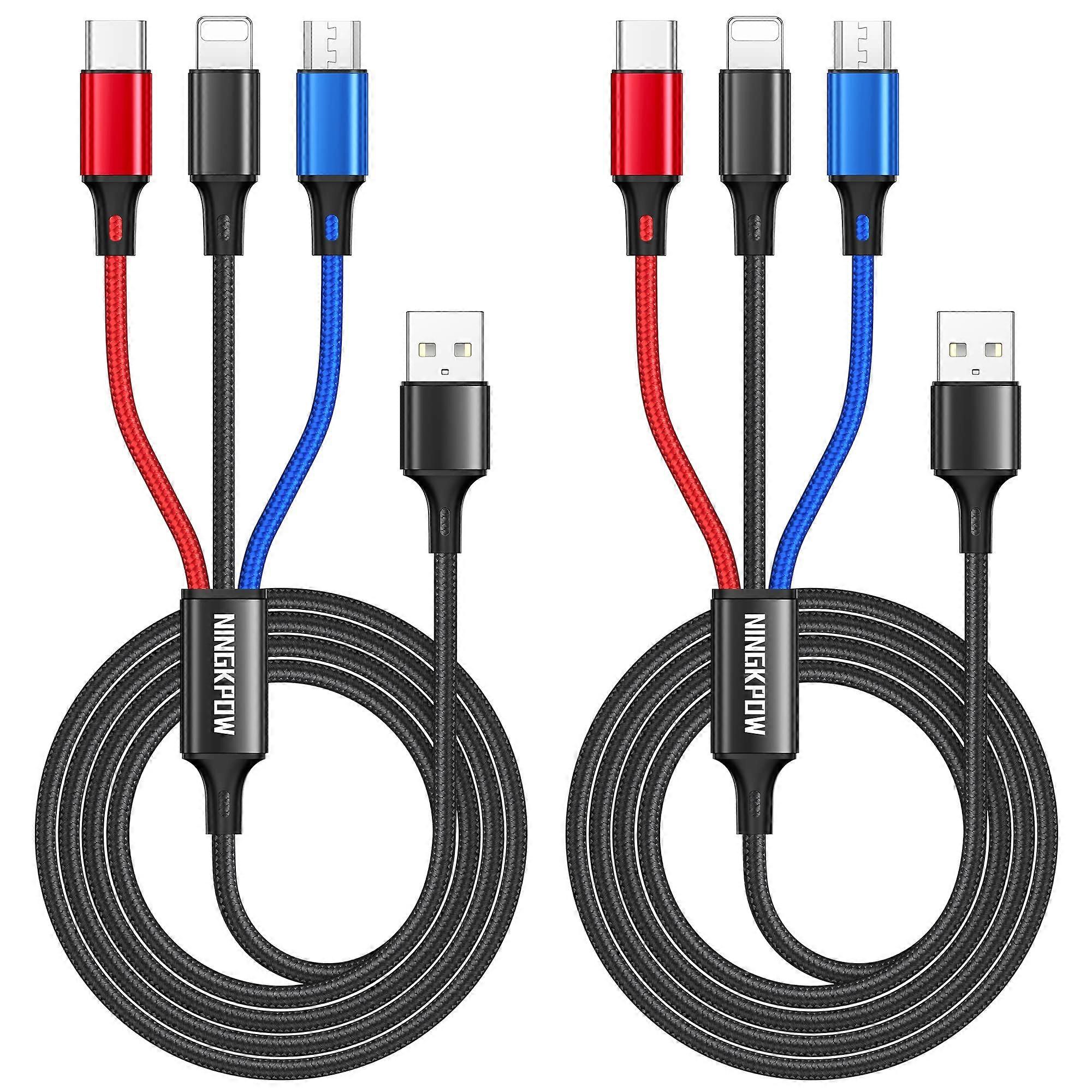 Multi USB Cable 2 Pieces 1.2M, 3in1 Universal Charging Cable for Samsung Galaxy S23 S22, Huawei P50 P40