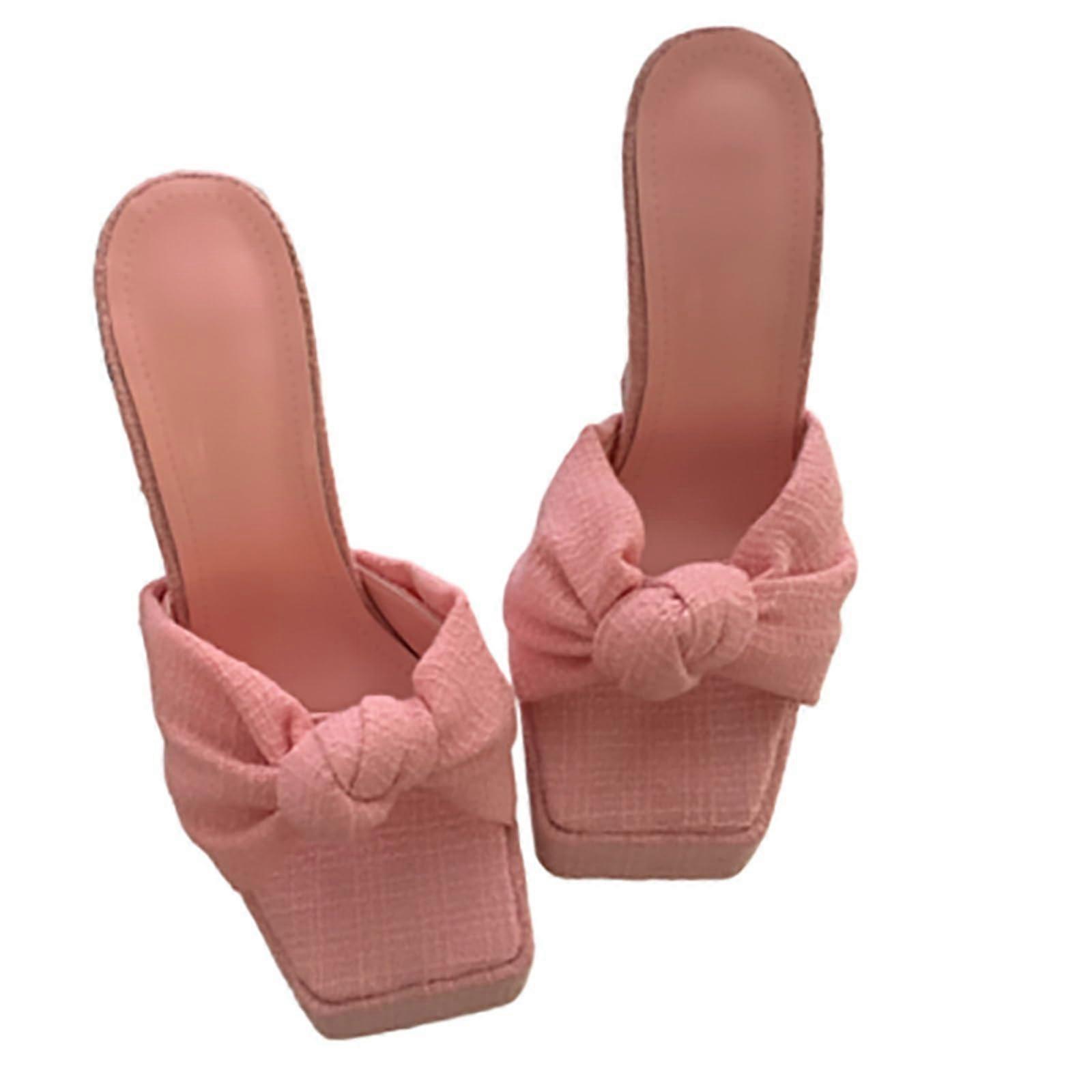 14 cm Square Toe Bow Sandals Women Thick Heel Platform High Heels Open Toe 39 EU Pink Model Catwalk