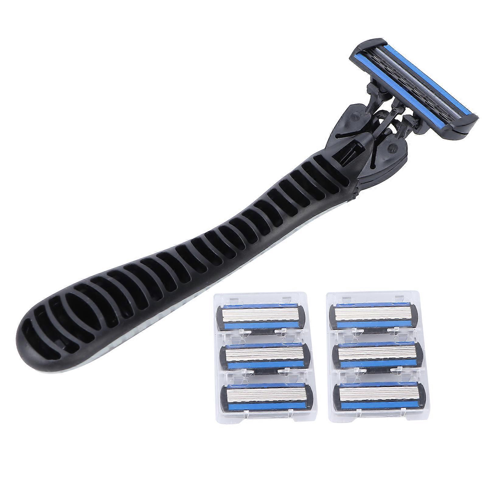 Manual Razor Set 6 Layers Blade Reusable Razor Handle 6 Refills Men's Shaving Razors Silver White