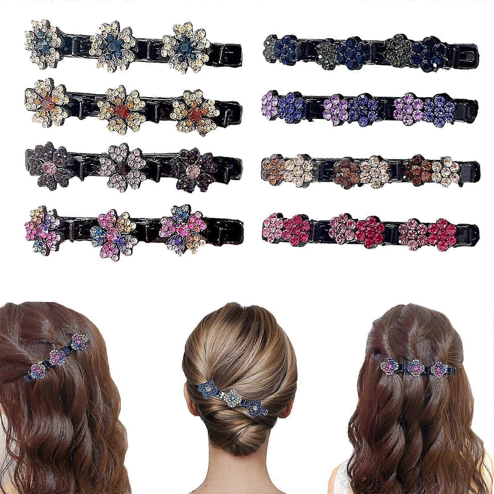 8- Pack Sparkling Crystal Rhinestone Hair Clips | Braided Triple - Section Barrette with 3 Small Clips for Women