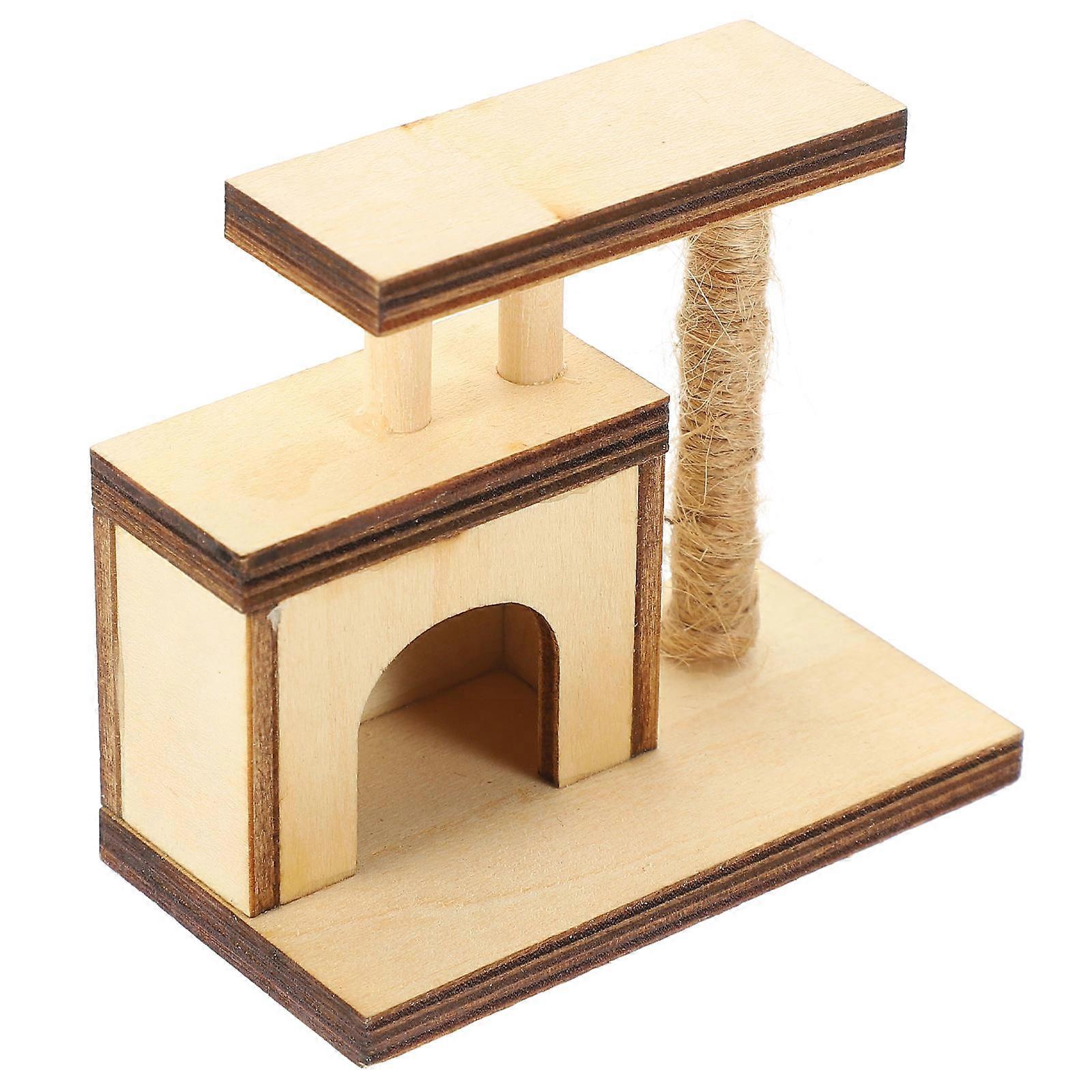 Mini Wooden Cat Tree Doll House Accessory Realistic Decor for Layout Photography 1:12 Khaki