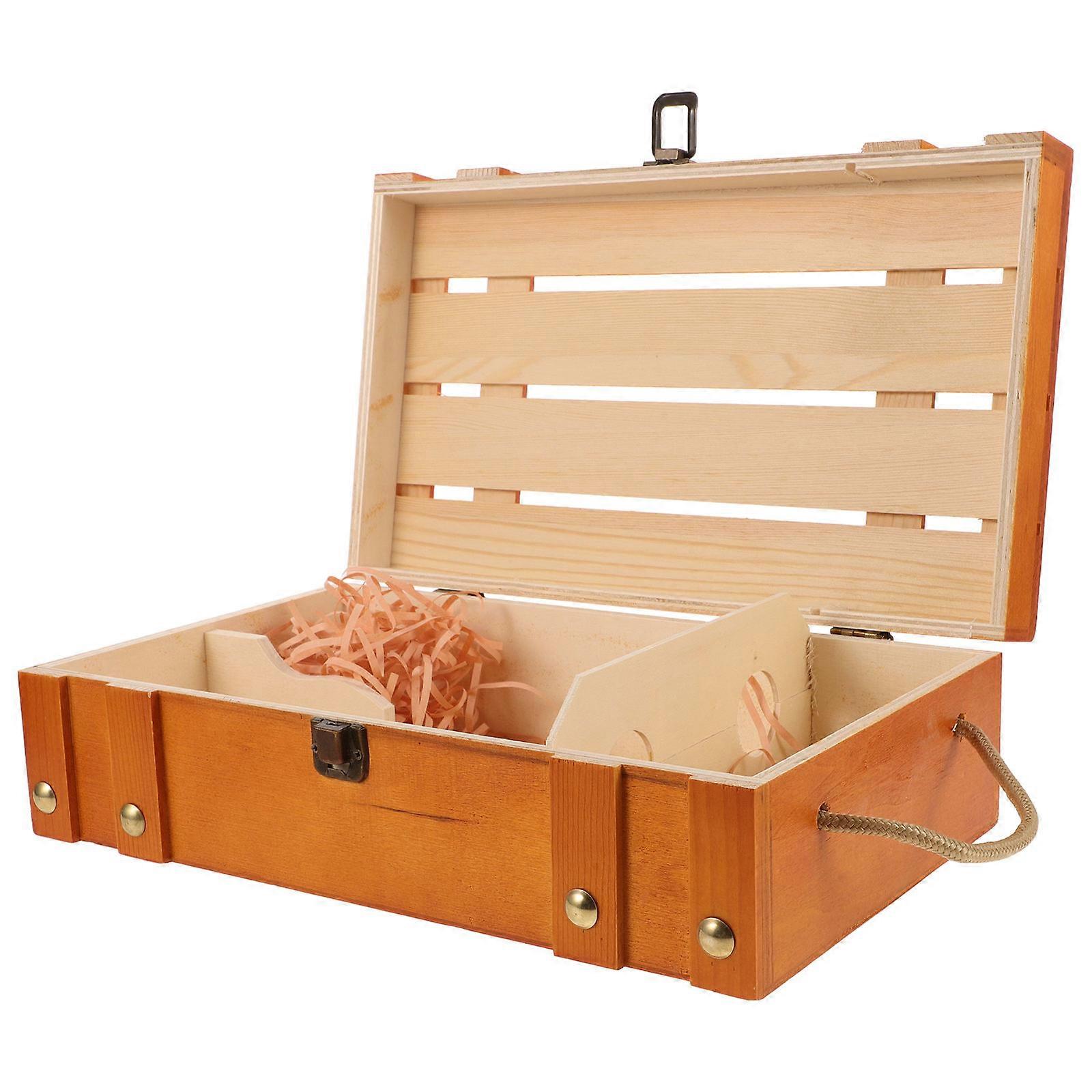 Wooden Wine Gift Box for Storage Use with Portable Handle Dark Red 70 Characters