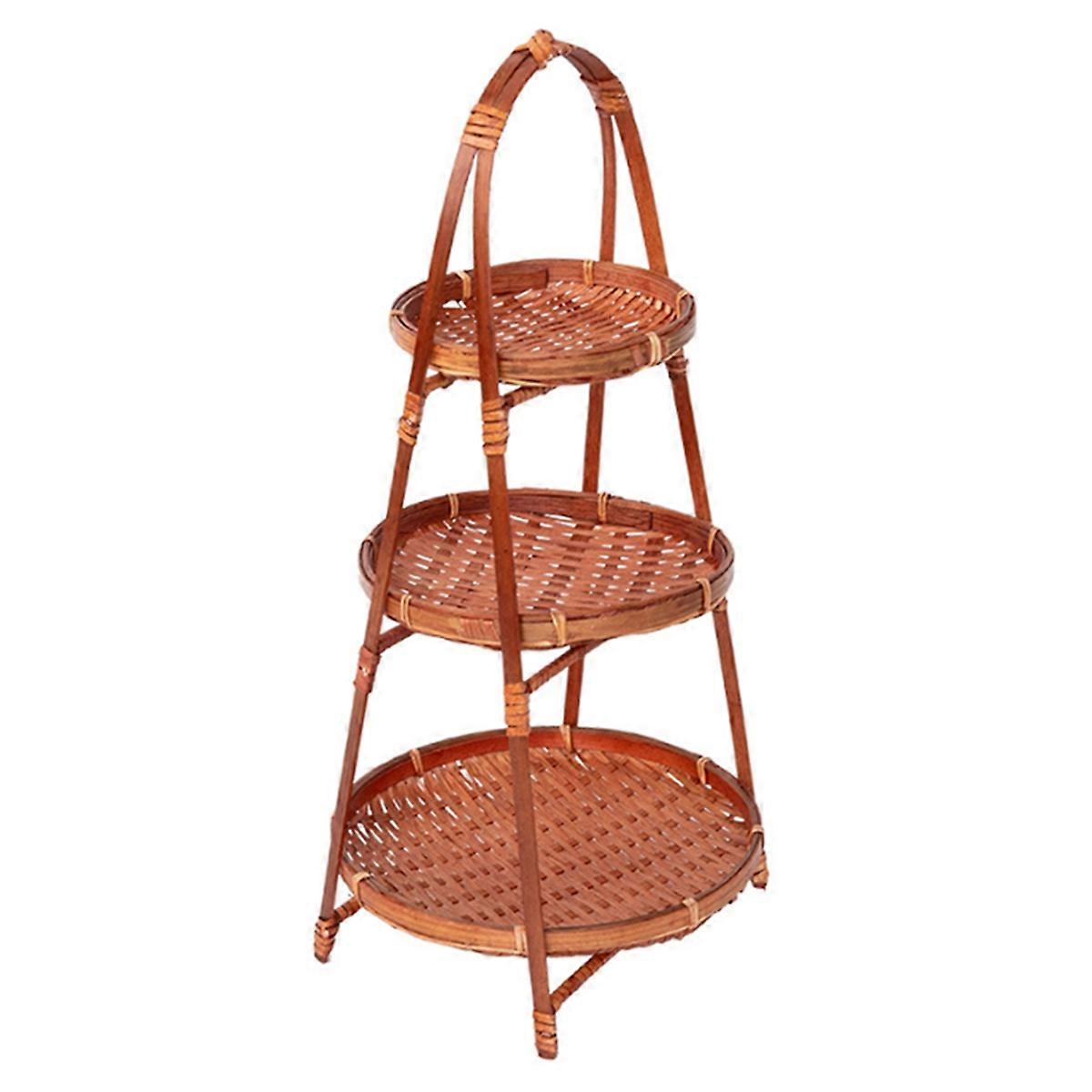 1Pcs Fruit Food Vegetable Bamboo Woven Basket Handwoven 3 Layers Standing Tray Multi-Function Stora