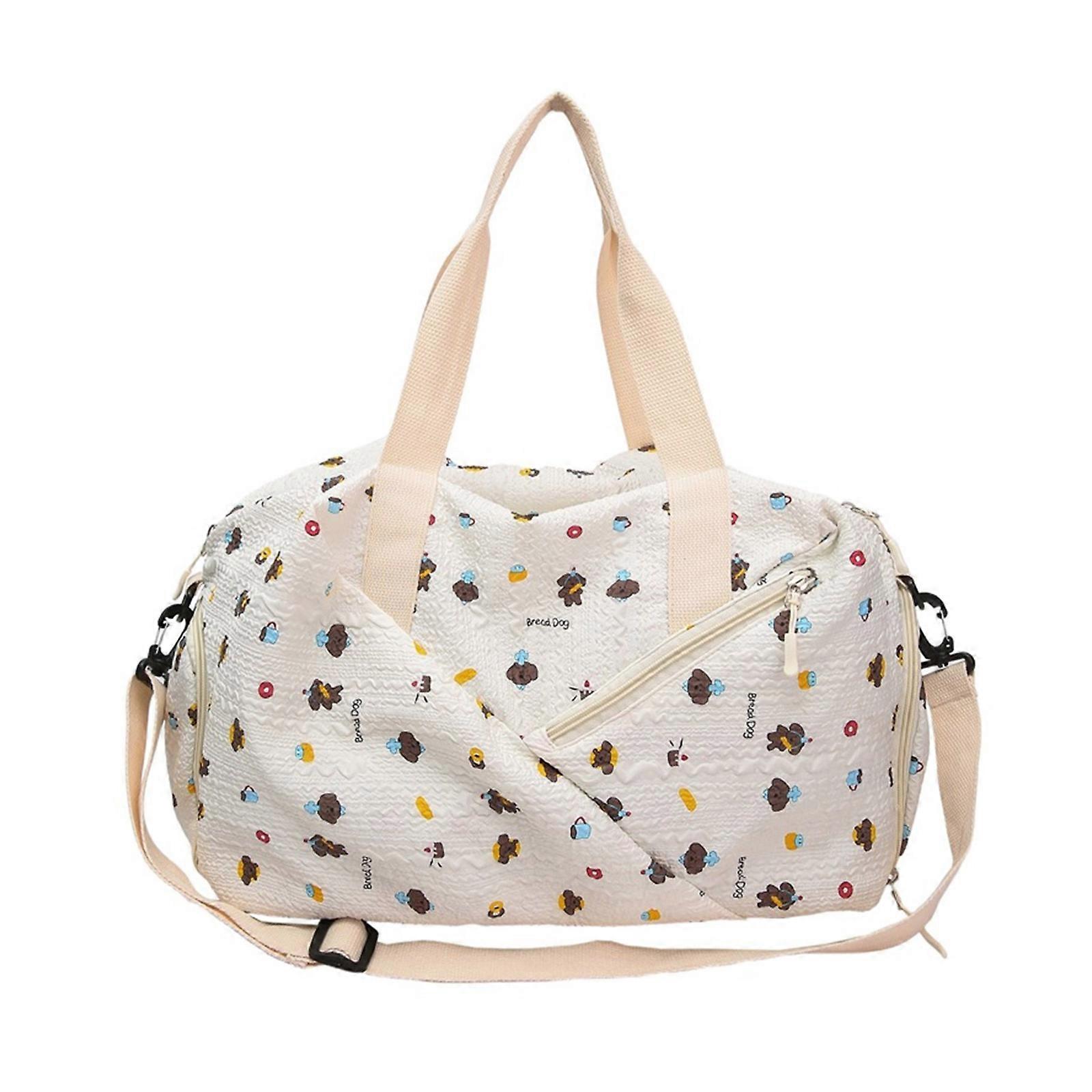 Stylish Water Resistant Short Trip Shoulder Bag Cute Print High Capacity Storage Multiple Functional Pockets White