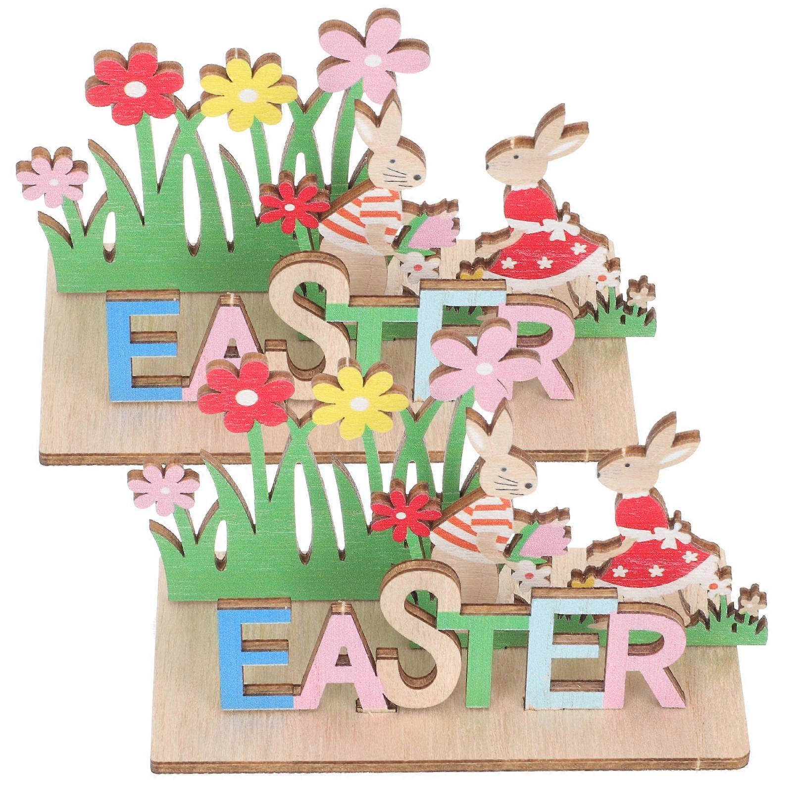 Easter Table Sign with Wooden Craft for Home Decor and Photos 2pcs Multi