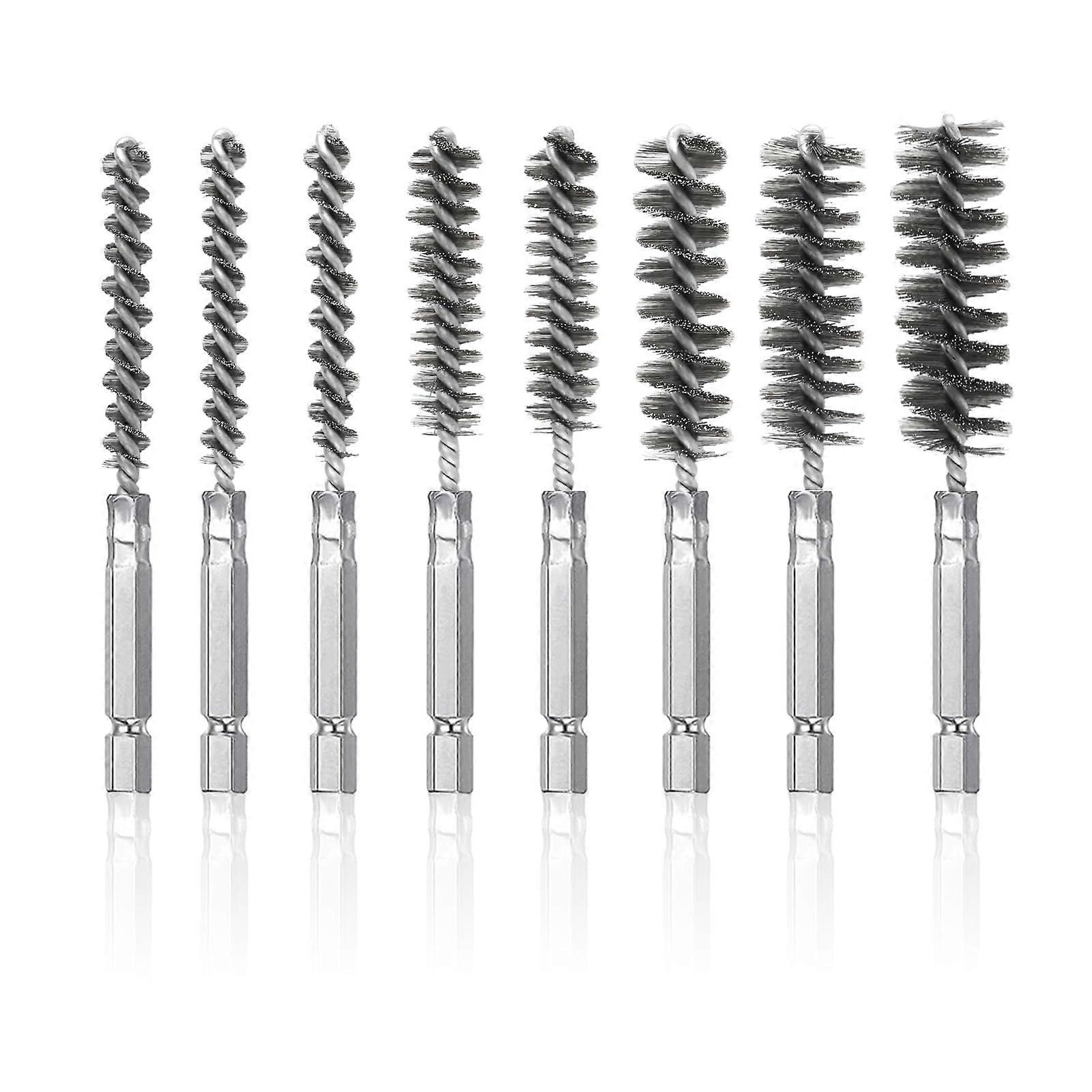 Wire Brush Drill Set of 8 with Hexagonal Bar, Stainless Steel Cylinder Brushes for Polishing, Grinding, Rust Removal, Various Sizes