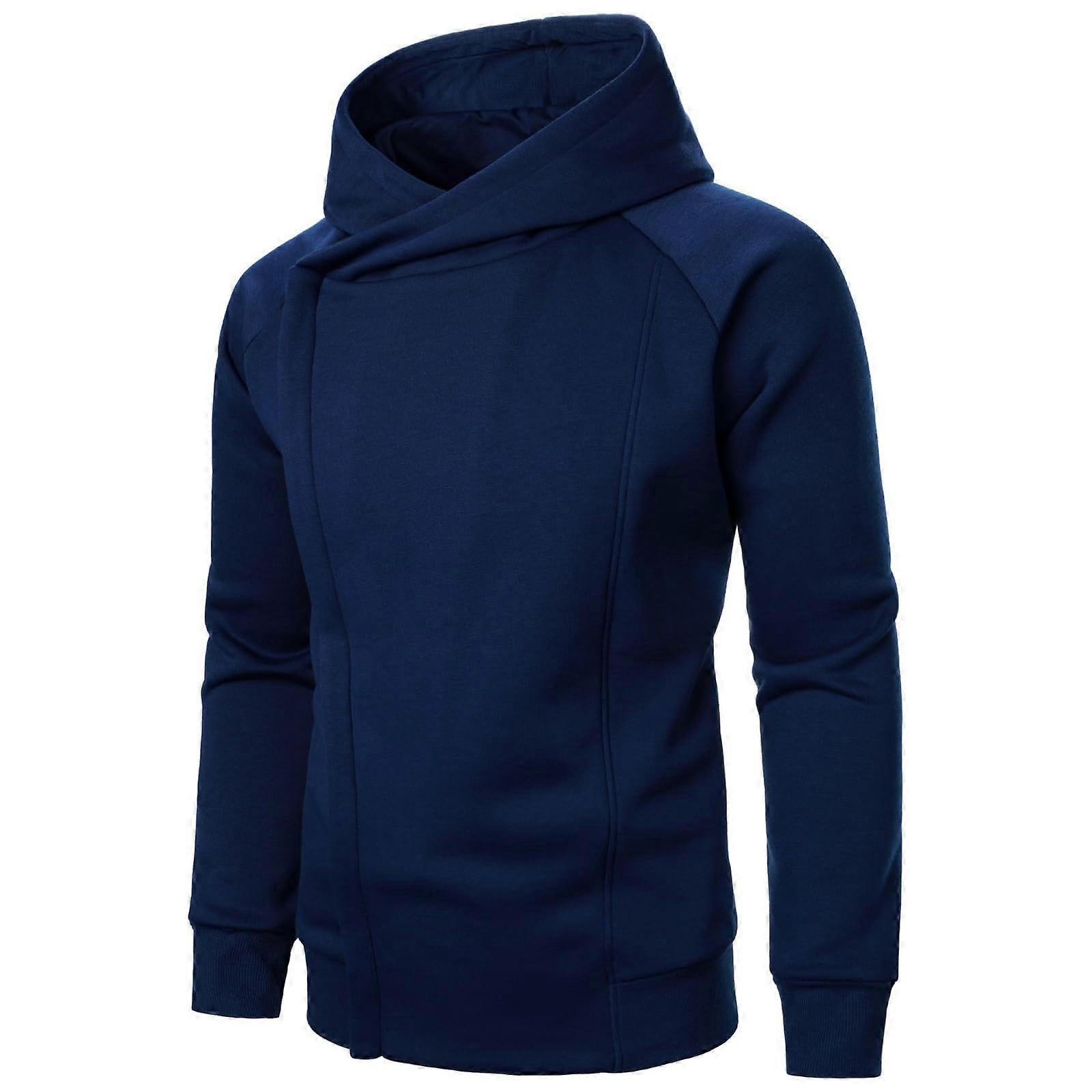 Men's Casual Hoodie with Kangaroo Pockets and Asymmetric Zip, Warm Pullover Jacket in Marine, Size XXL