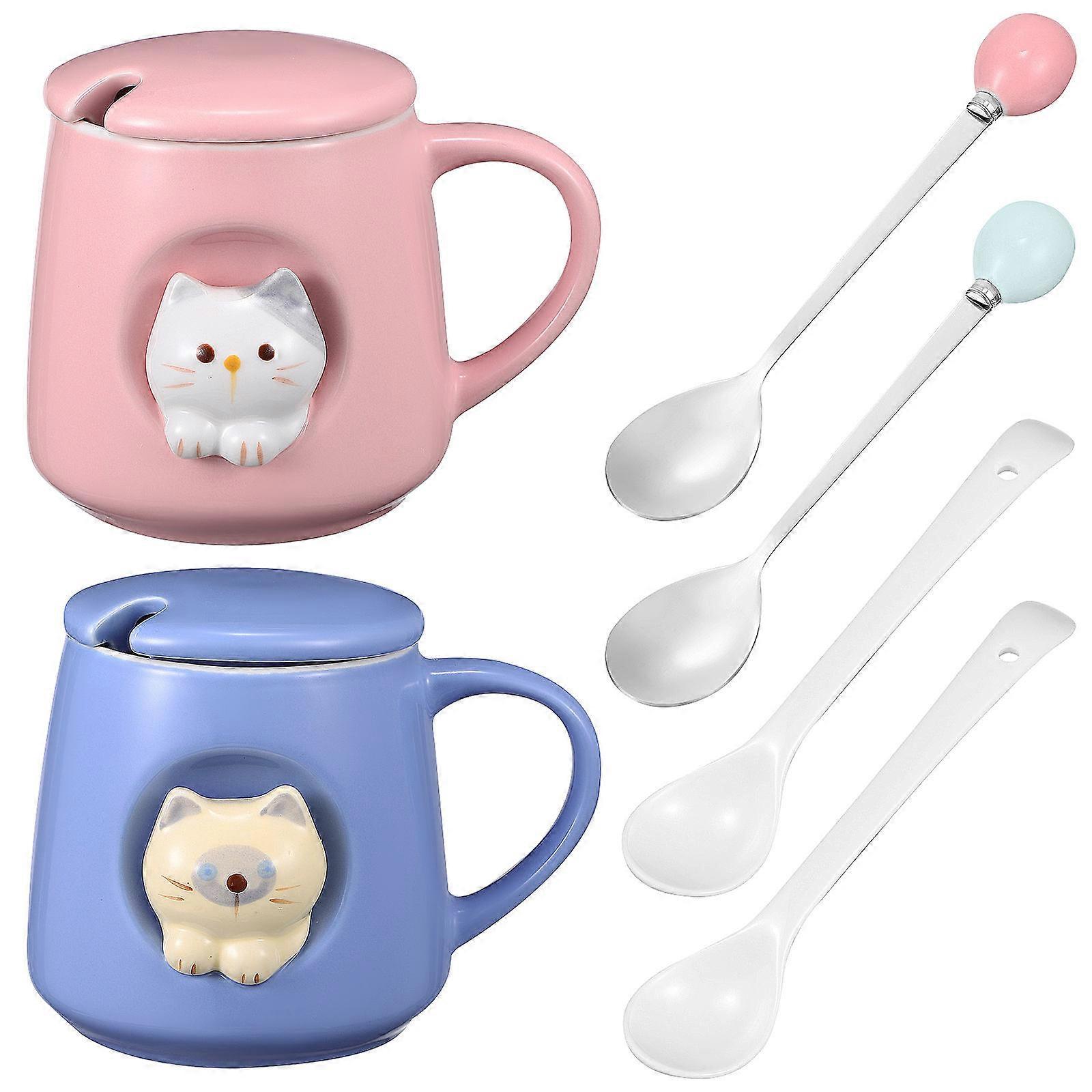 Funny 3D Cat Shape Ceramic Coffee Cups With Lid Spoon Perfect For Various Drinks Includes 2 Set