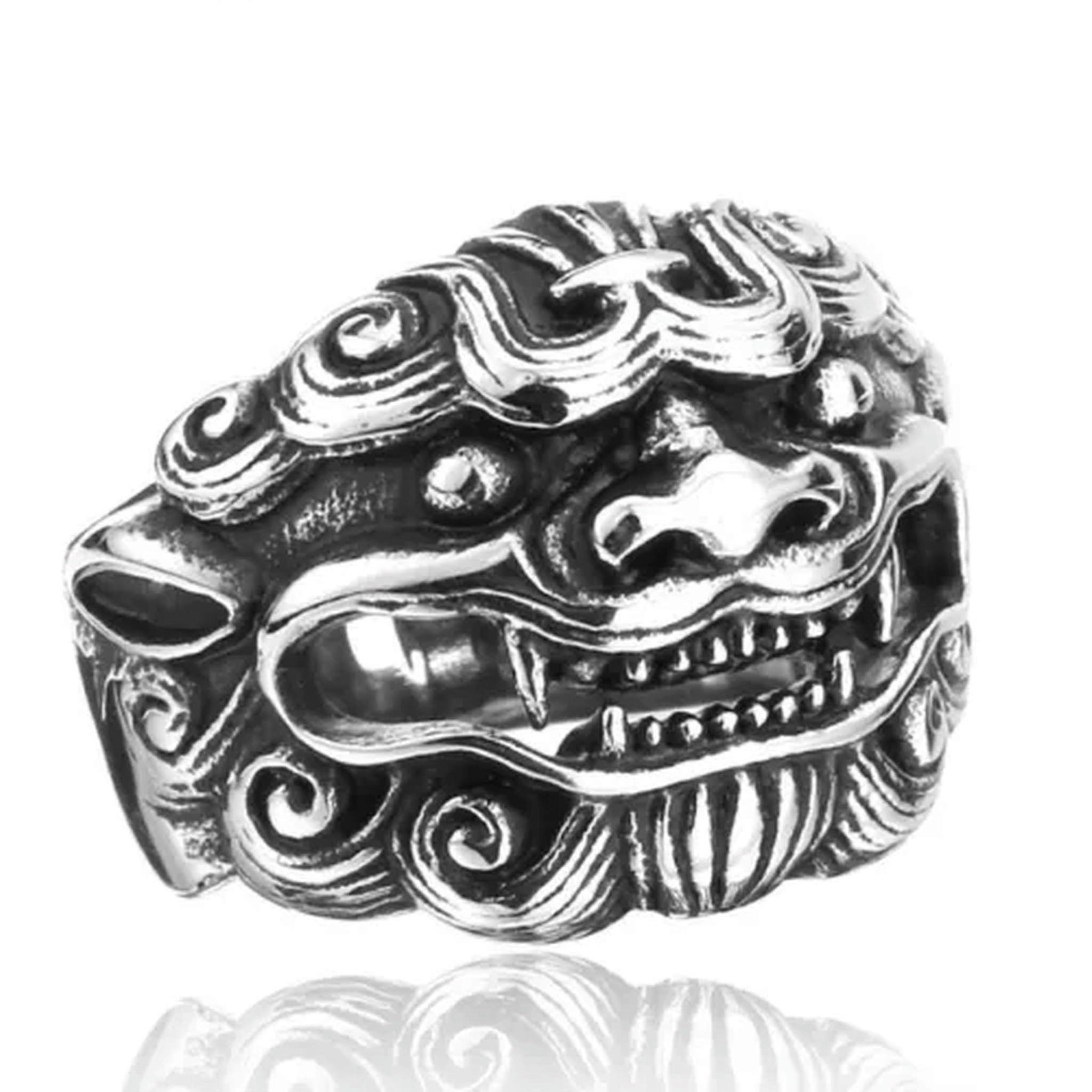 Men's ring with lion head mask, stainless steel, size 6–13–9