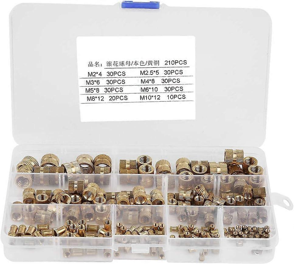 210Pcs M2/M2.5/M3/M4/M5/M6/M8/M10 Brass Threaded Round Nuts Kit with Plastic Box,