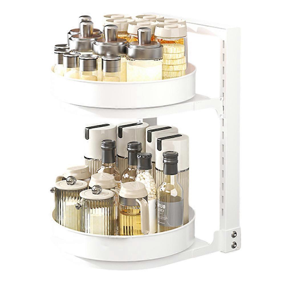 TKdaddy 360-Degree Rotating 2-Tier Countertop Spice Rack Organizer Adjustable Kitchen Shelf White