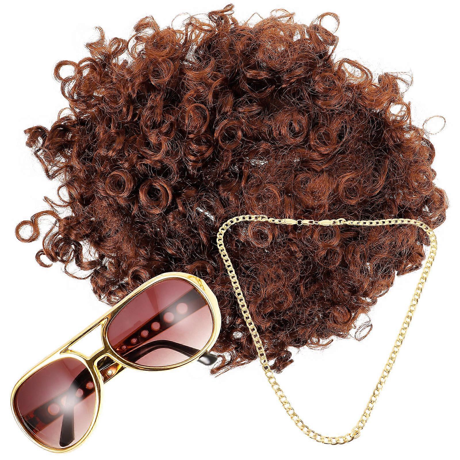 Wig Glasses Set for 70s Role Play 1Set Assorted Color Disco Costume