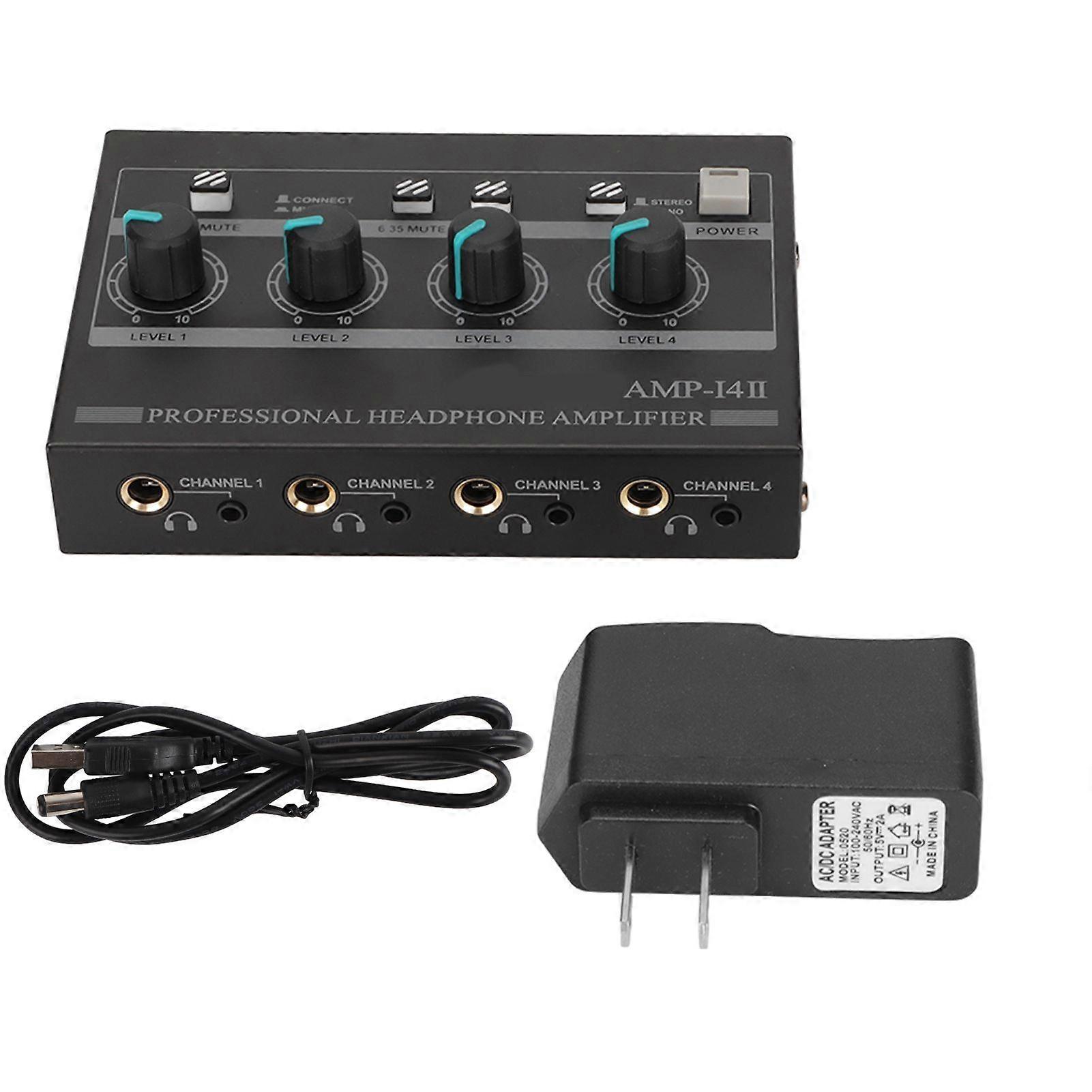 AMP14II 4 Channel Headphone Amplifier Compact 4 Way Stereo Headphone Amplifier with 12V 2A Adaptor for Studio Stage 100240V Prise US