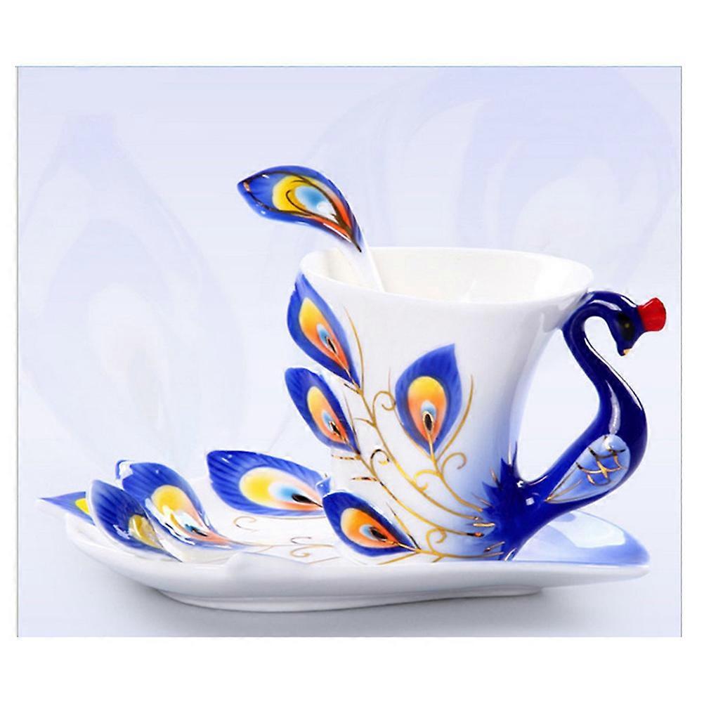 Blue Porcelain Cup Set for Drinking Use 2Pcs Ceramic Coffee Cups with Saucers and Spoons
