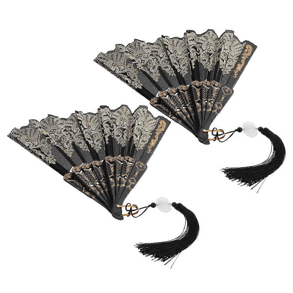 6Pcs Black Hand Fan Embroidered Folding Fan for Dance Performance