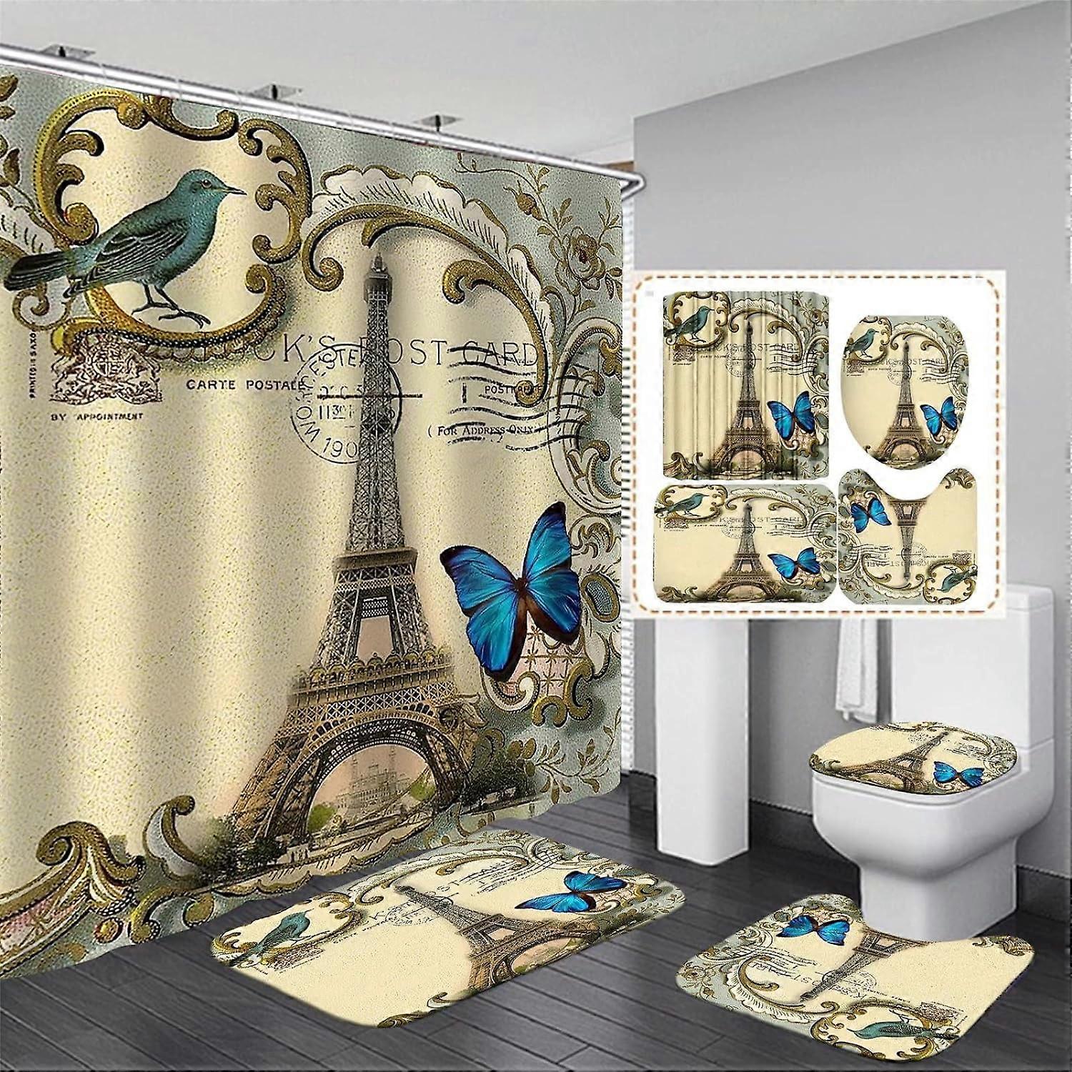 4Pcs Paris Eiffel Tower Pink Shower Curtain Set with Non-Slip Rugs, U-Shaped Mat, Toilet Cover, 12 Hooks, Waterproof