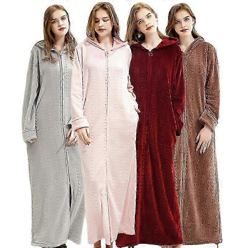 Ladies Hooded Dressing Gown Bath Robe Warm Soft Womens Fleece Zip Up Long _b