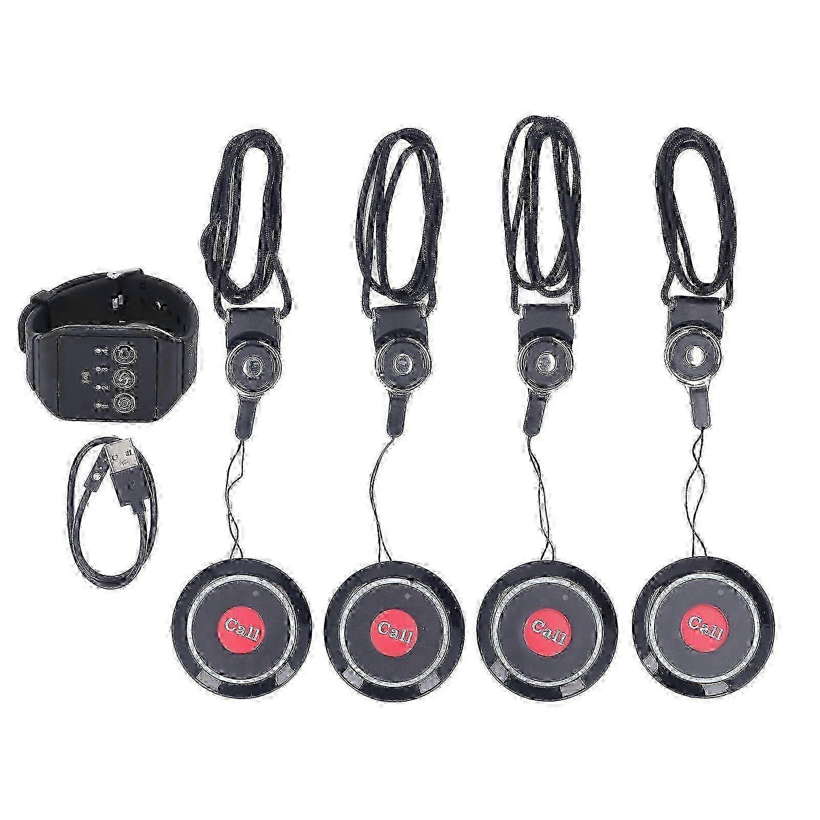 Waterproof Restaurant Pager System with 1 Watch and 4 Button Pagers for Wireless Service Calling in Restaurants Hospitals and Hotels