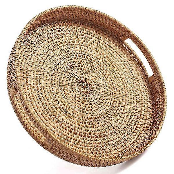 Round Rattan Serving Tray Decorative Woven Ottoman Tray with Handle for Coffee Table Nature (Large YC
