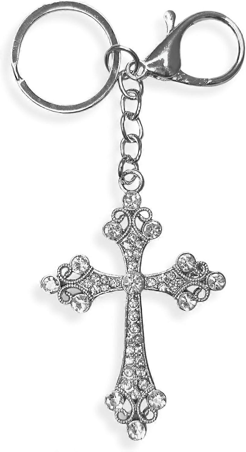Cross Keychain - Inlaid with Clear Rhinestones - Drawstring Bag - 5.25 in Long
