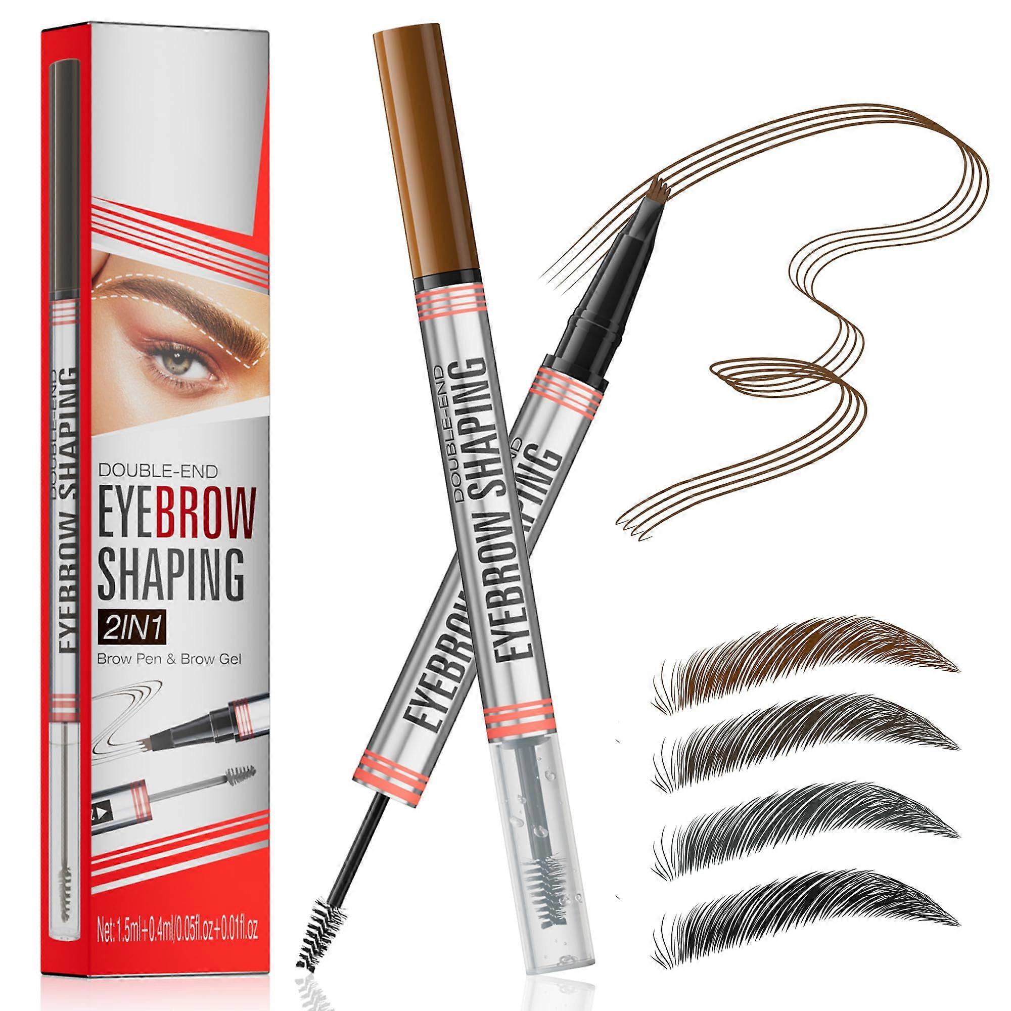 Waterproof Microblading Eyebrow Pen 2 in 1 Dual Ended Pencil with Brush 4 Fork Tip Light Brown