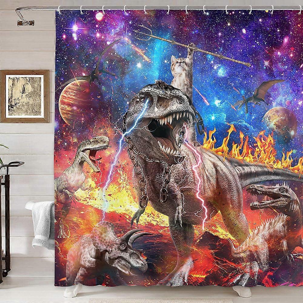 Funny Cat Galaxy Dinosaur Shower Curtain Waterproof Polyester with Hooks 70x70in Blue