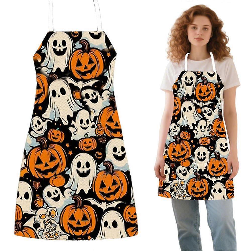 Halloween Apron Waterproof Pumpkin Ghost Skull Spider Print Adjustable Straps for Cooking BBQ