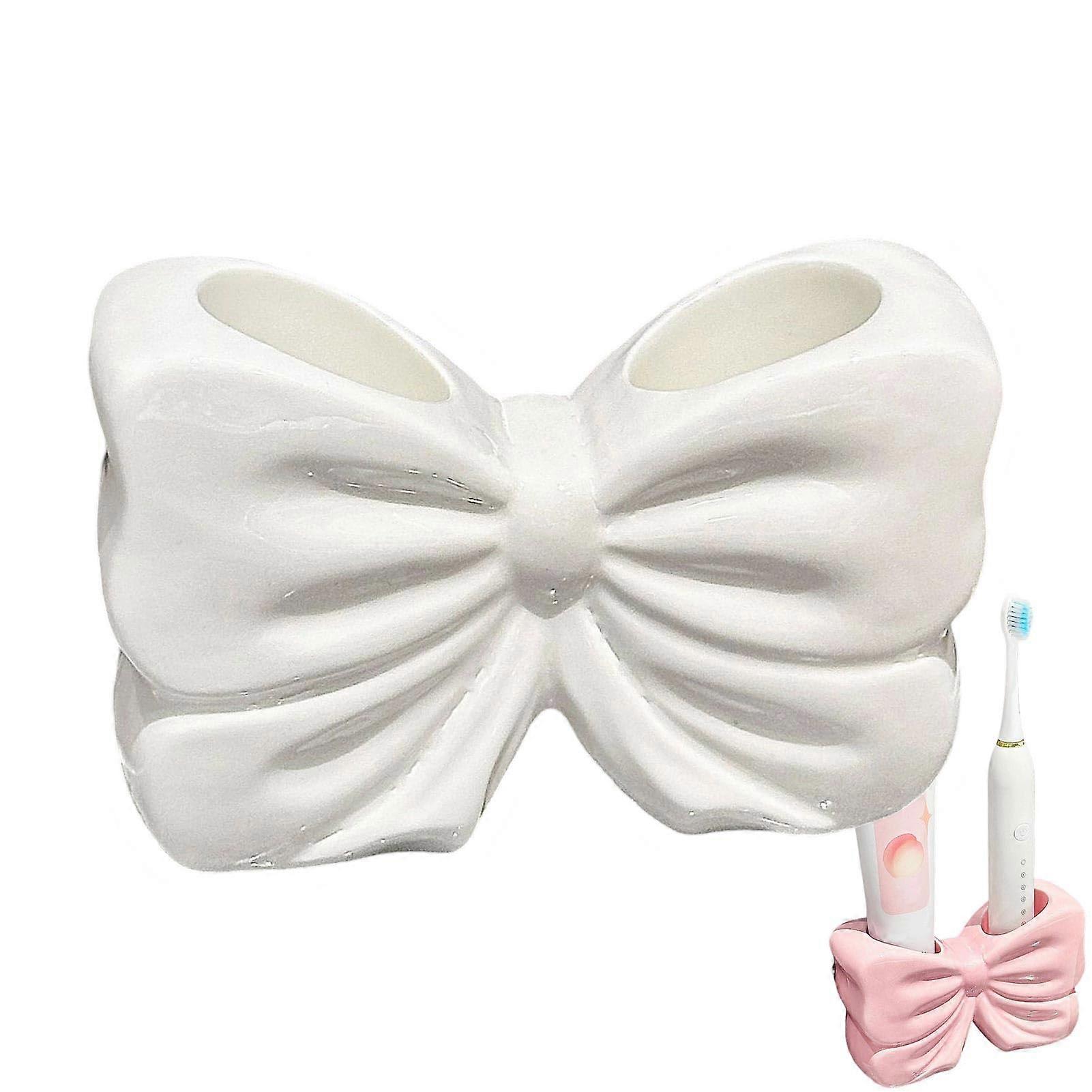 Ceramic Bowknot Toothbrush Holder, Cute White Bathroom Organizer, Durable EasyClean Stand
