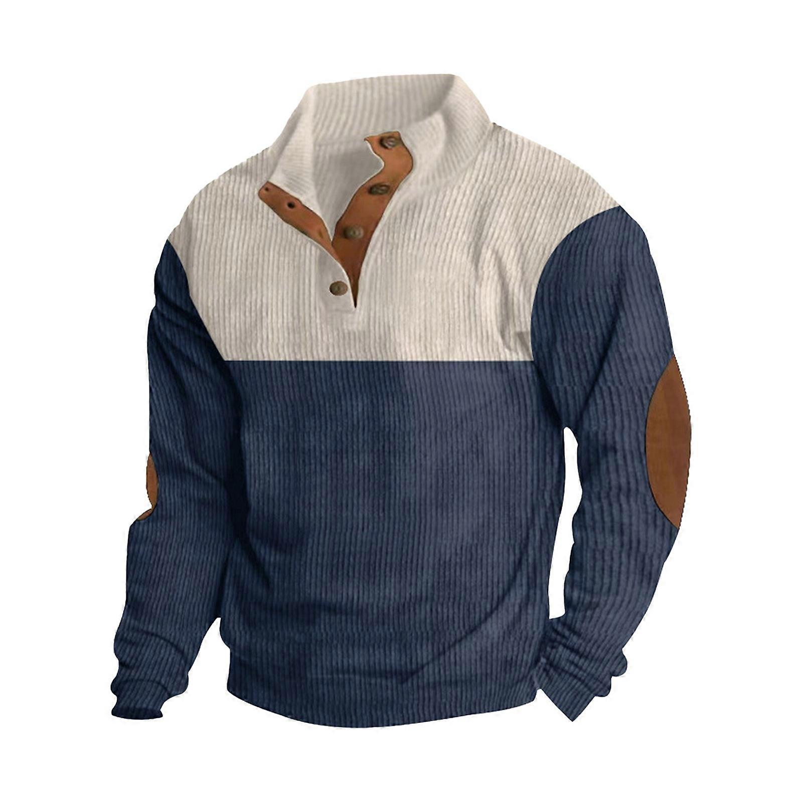 Fall Spring Men Sweatshirt Buttoned Stand Collar Colorblock Slicing Long Sleeves Pullover Sport