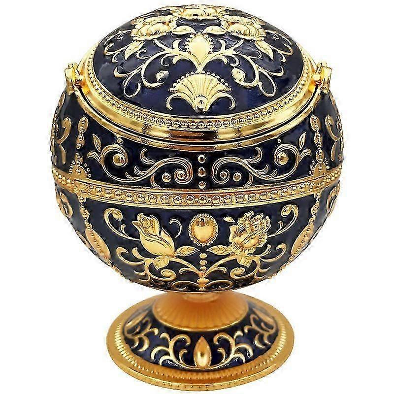 Vintage Tabletop Ashtray Windproof Lid Retro Pattern Blue & Gold