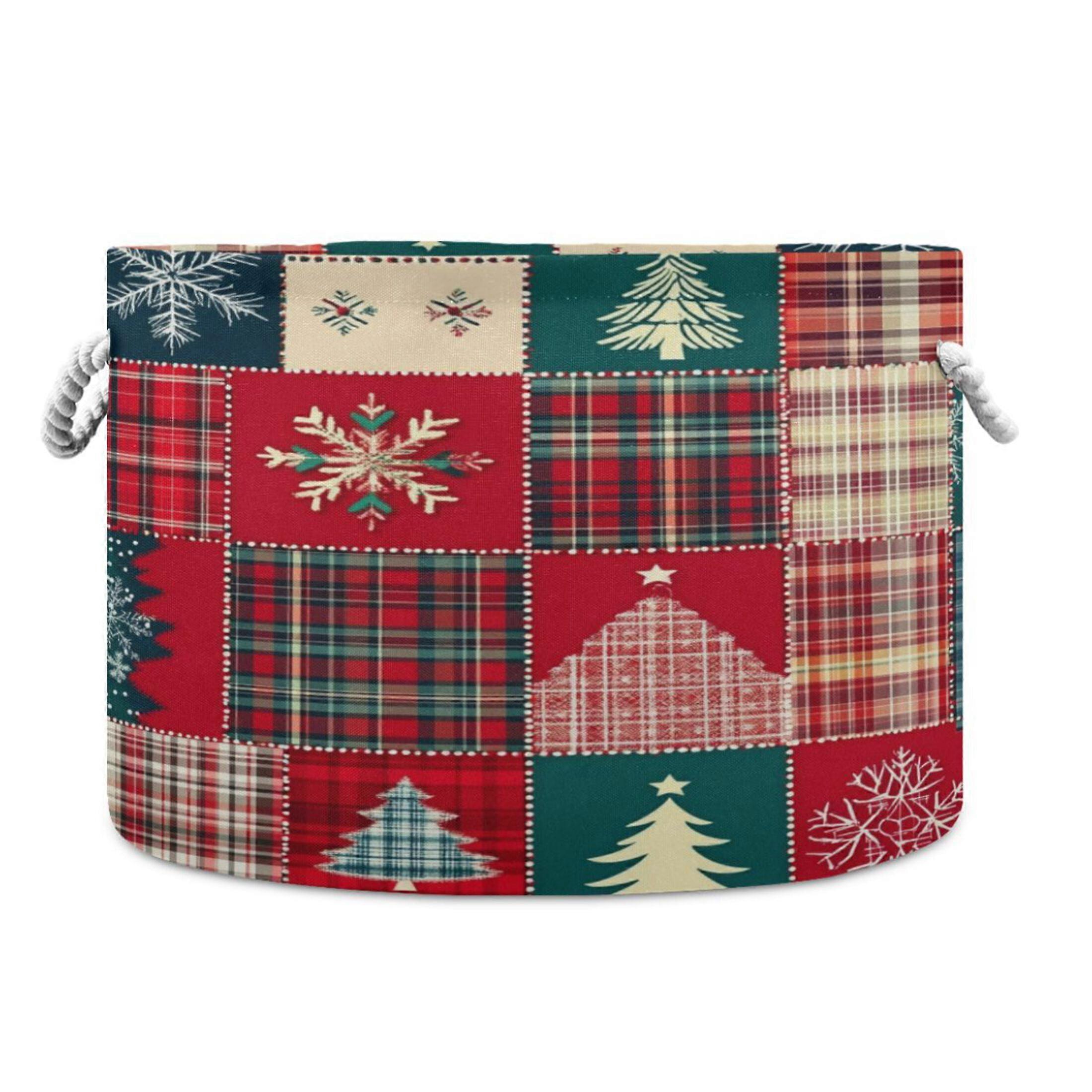 Collapsible 20" Round Storage Basket with Handles Laundry Hamper Open Storage Bins Christmas Patchwork Pattern
