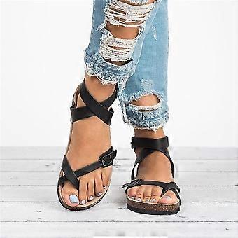 Women's sandals large size 2026 new toe retro one-word buckle flat bottom cross with beach women's shoes Sandal
