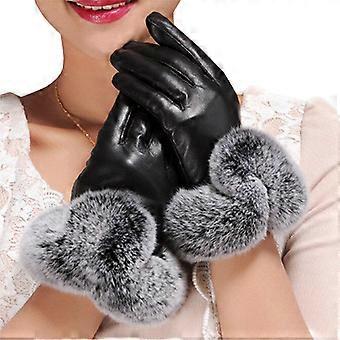 1 Pair Women's Fashion Plush Winter Warm PU Leather Gloves Fur Touch Screen Gloves