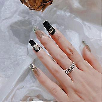 24pcs Black Nail Patch Square Head Glue Type Removable Long Paragraph Fashion