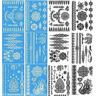 Tatouages au henné autocollant, chaînes de dentelle blanche Mandala faux tatouage temporaire et tatouages au henné noir pour les femmes Party Rave maquillage, 12 feuilles