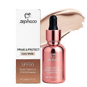La base de maquillaje líquida Zephoco color blanco marfil con protección de color es ligera y fluida, hidratante, transparente y natural.