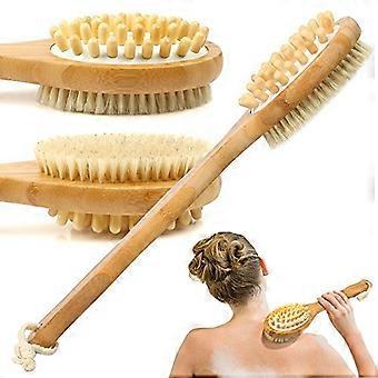 Bamboo Bath Brush with Long Handle for Back Scrubbing, Soft Bristle Shower Brush with Wood Bead Massage