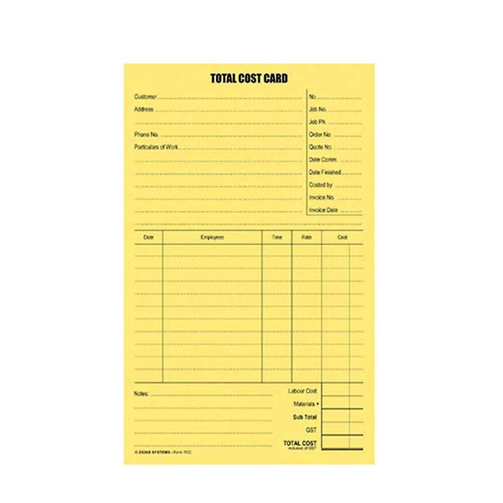 Zions Total Cost System Cards Printed Two Sides 125 X 205mm Pack Of 100pcs
