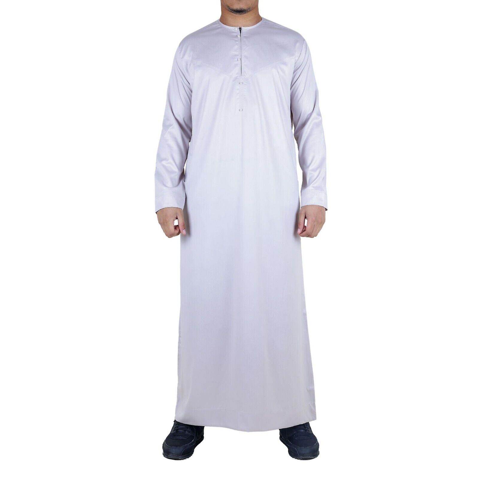 Men's Beige Thobe Robe Satin Emirati Islamic Jubba Eid Slim Fit