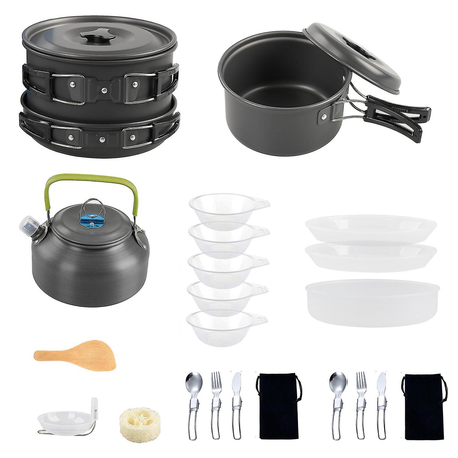 Camping Cookware Mess Kit Non-stick Pot And Pan Set With Kettle For Camping Hiking Backpacking