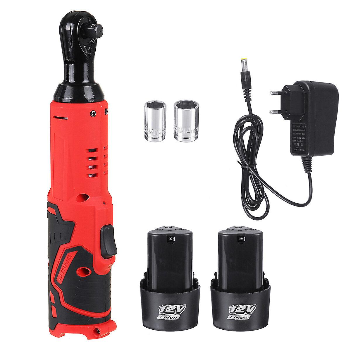 18V 45nm Cordless Eletctric Ratchet Wrench 3/8 Inch Li-ion Battery Powered Right Angle Wrench With 2pcs Sockets 2 Batteries With Led Light