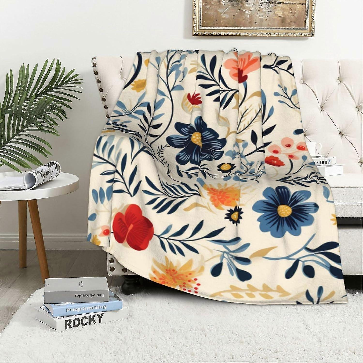 Thin Floral Print Throw Blanket, Beige Vintage Flower Pattern Boho Throw Blanket, Botanical Aesthetics Illustration Throw Blanket, 50x60 inches, Flann