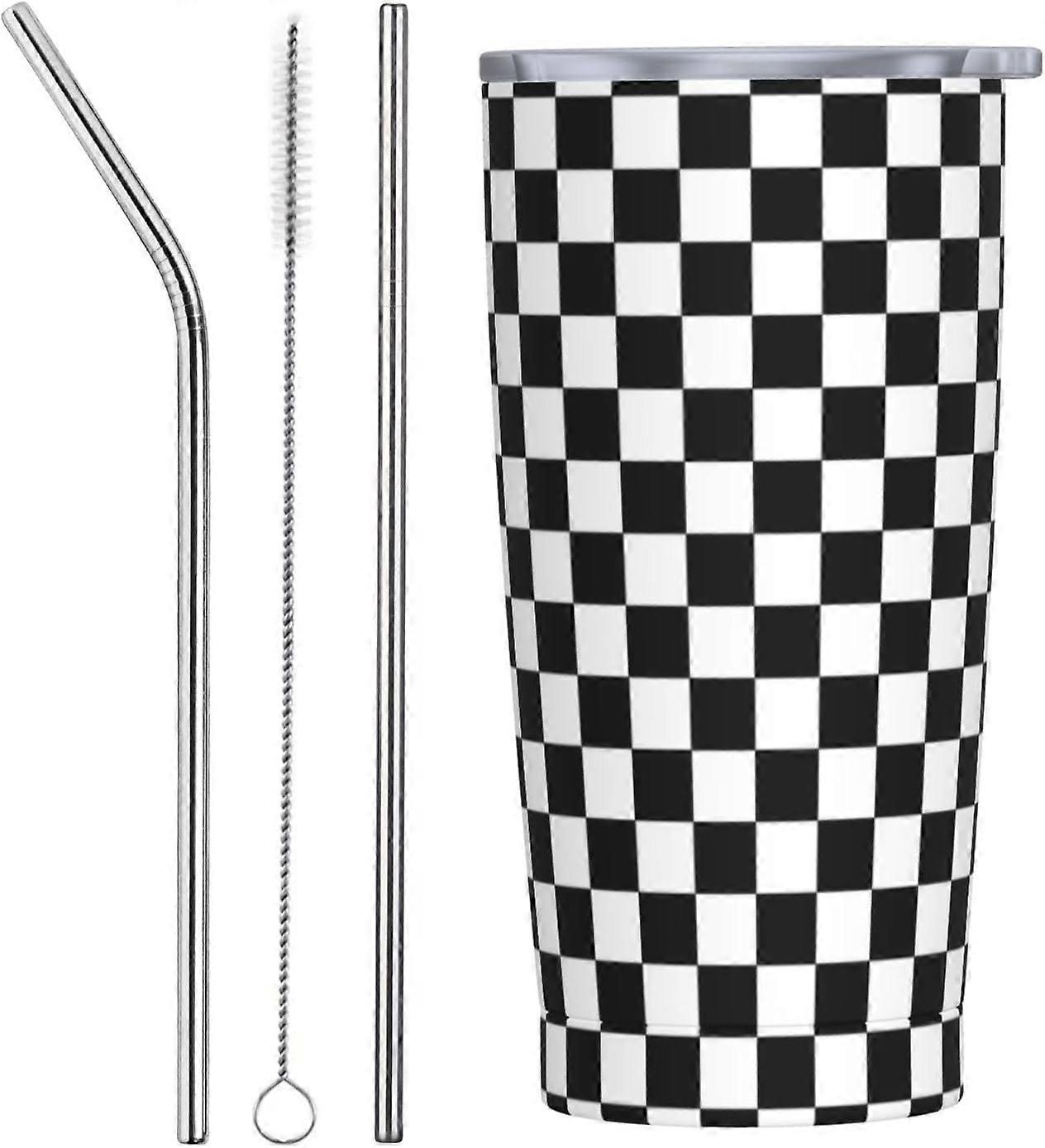 أسود أبيض متقلب 20 أوقية بهلوان مع أغطية وقش نمط سباق الفولاذ المقاوم للصدأ فراغ القهوة القدح للسيارة مكتب المنزل السفر في الهواء الطلق