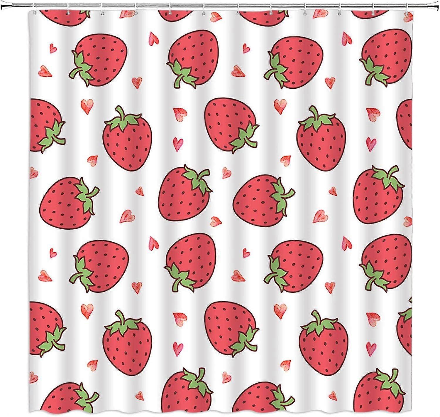 ストロベリーシャワーカーテンかわいいピンクストロベリーレッドフルーツ水彩イチゴ春夏フルーツフローラ葉生地バスルームの装飾フック付きセット