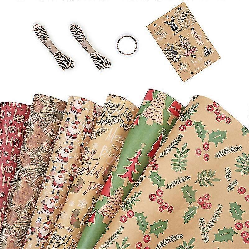 ورق تغليف عيد الميلاد ، مصنوع من ورق كرافت معاد تدويره ، 6 أوراق مطوية 100x44 سم مع 6 تصاميم عتيقة - WEI KE