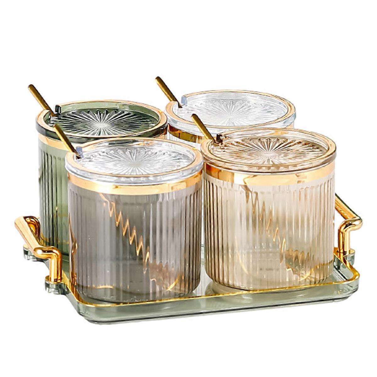 Acrylic Condiment Spice Jars,Condiment Spice Box With Lids and Spoons and Tray,Clear Plastic Condiment Canisters,4 Pack Seasoning Box for Kitchen to S