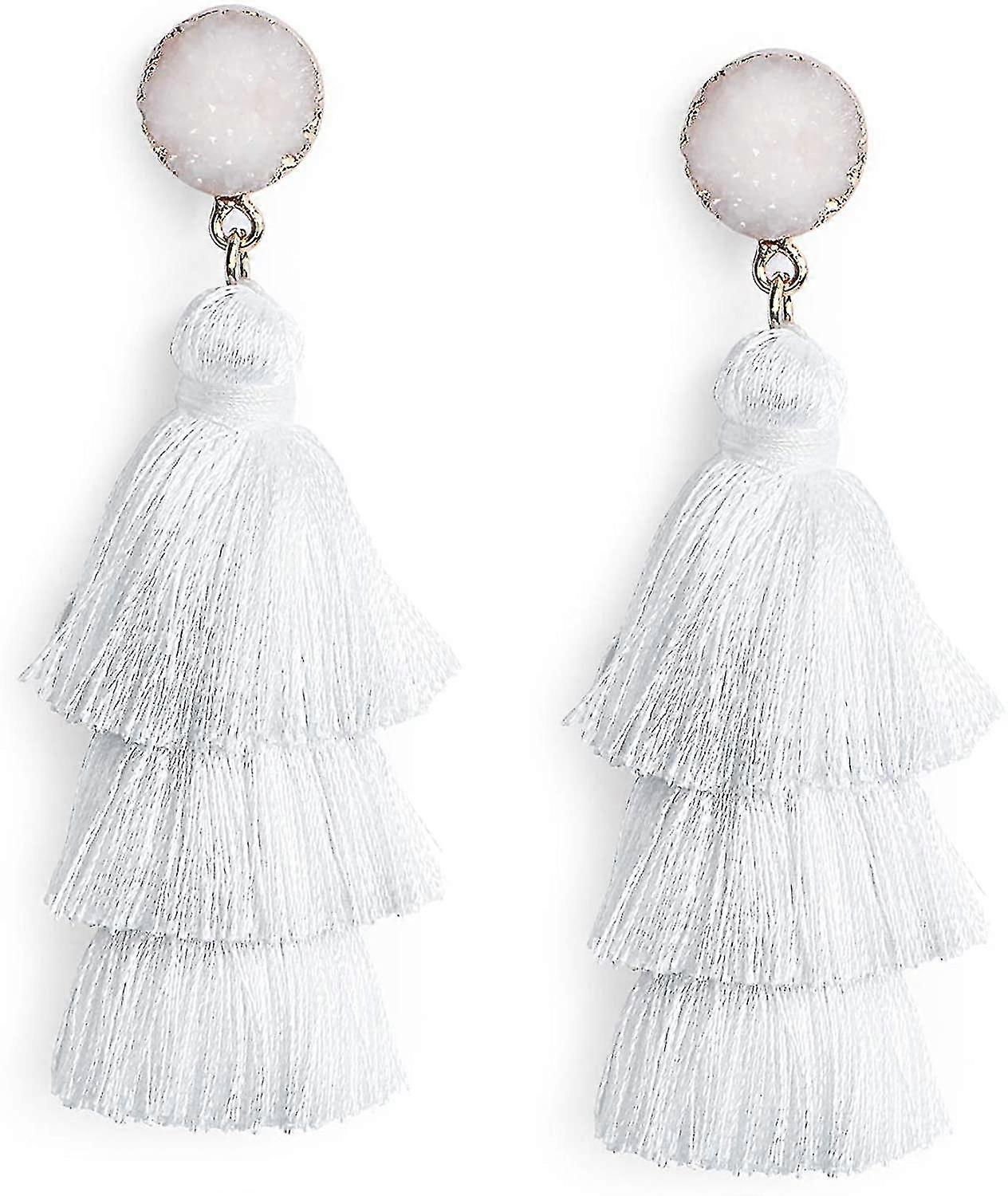 3-layer thread tassel dangles - tiered tassel drop earringslight weight  comfortable(white)