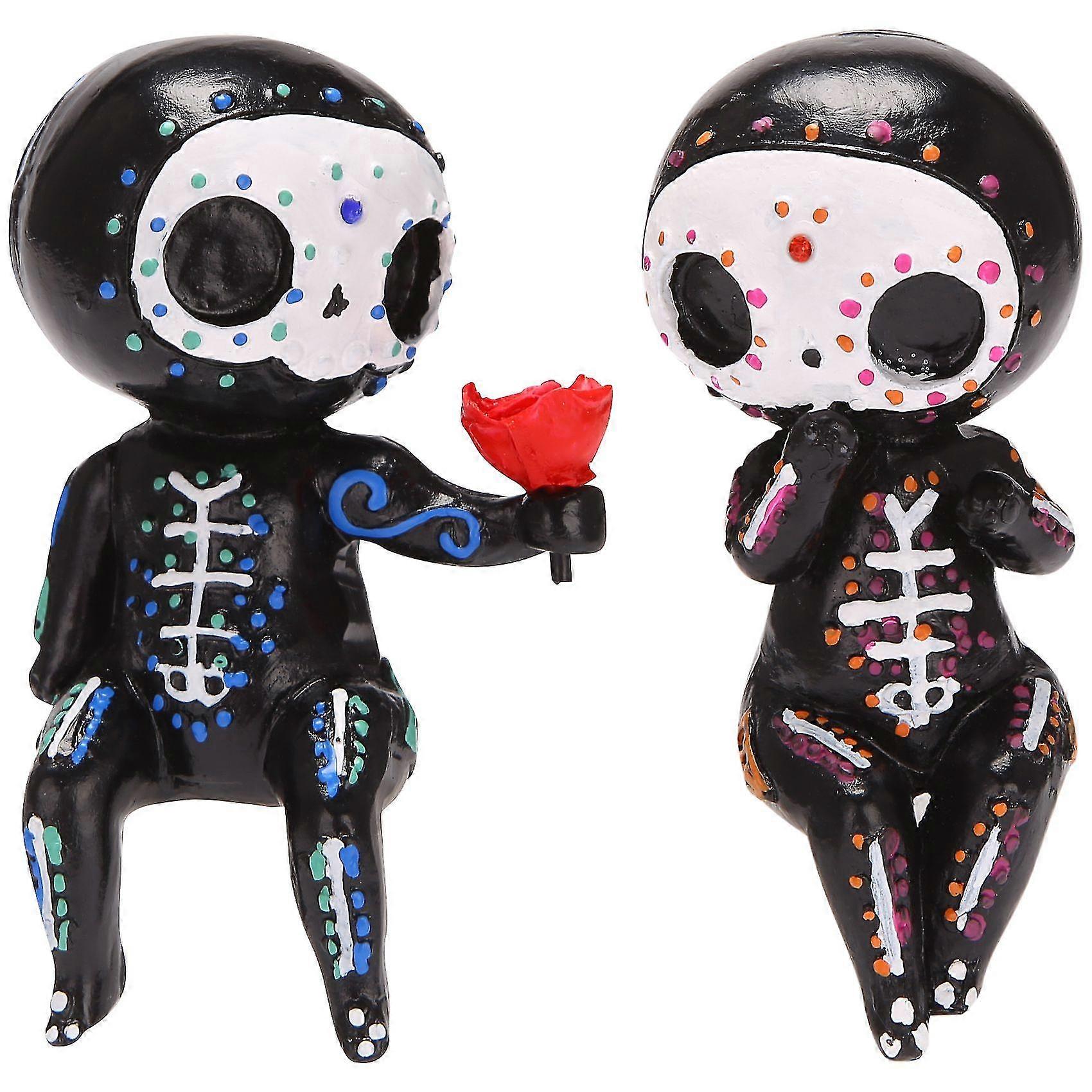 2pcs Resin Sugar Skull Couple Statue Loving Statue Holding Rose